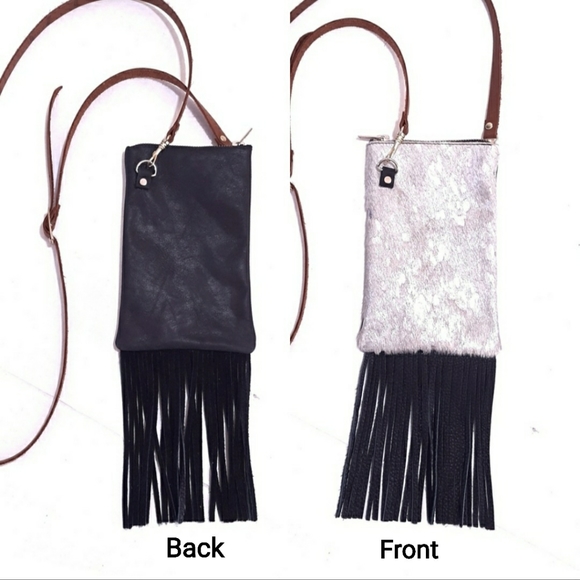 Silver Black Cowhide Leather Fringe Crossbody Bag